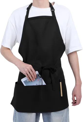COLLBATH Delantal de servidor impermeable con bolsillos para hombres y mujeres, delantal negro de cosmetología y chef para cocina y pintura