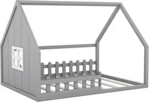 Miniatura 9 de Polibi Cama de casa de tamaño completo, marco de cama de piso de madera con ventana y valla para niños, gris