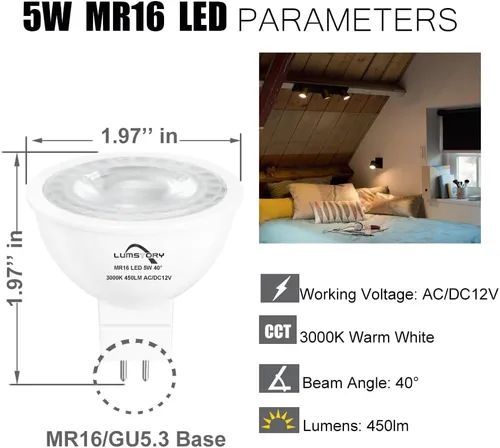 Miniatura 2 de LumStory Bombilla LED MR16 Bipin de 12 V, 3000 K, blanco cálido, 50 W, reemplazo halógeno, GU5.3, 5 W, 450 lm, ángulo de haz de inundación de 40