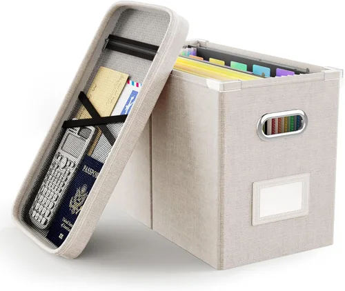 Miniatura 24 de Oterri Caja de archivos colgante con bolsillo de malla, caja organizadora de archivos con tapa, caja organizadora de documentos plegable