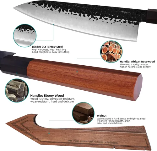 Miniatura 3 de Juego de cuchillos de chef FINDKING y protectores de borde, cuchillos de cocina de acero de alto carbono, porta cuchillos de nogal, para cocina