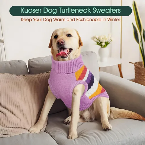 Miniatura 4 de Kuoser Suéter grande para perro, suéteres de punto de cuello alto para perros grandes, rayas coloridas, chaleco de punto para mascotas, ropa cálida