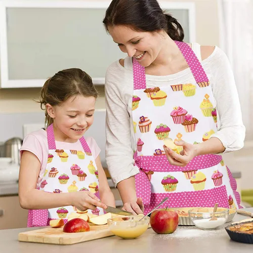 Miniatura 3 de Claswcalor Paquete de 2 delantales 100% algodón para padres e hijos, diseño de cupcakes, delantal de cocina ajustable para mujeres y niños, hijas