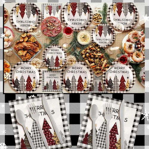Miniatura 5 de Dandat 400 piezas de platos y servilletas desechables de Navidad, juego de suministros para fiesta de Navidad de vajilla desechable para 50