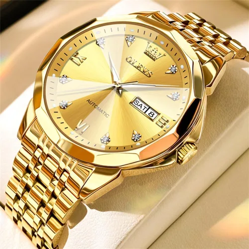 Miniatura 31 de OLEVS Reloj de pulsera automático con diseño de esqueleto para hombre, de lujo, con diamantes de lujo, de acero inoxidable, calendario, reloj