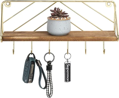 Miniatura 7 de MyGift Estante de exhibición colgante de madera maciza quemada de 12.5 pulgadas y estante para llaves, organizador de entrada montado en la pared