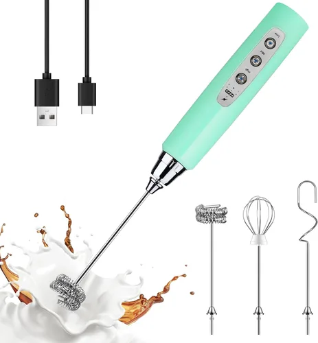 Miniatura 13 de YUSWKO - Espumador de leche recargable de mano con 3 cabezas, mezclador de bebidas con 3 velocidades ajustables para latte, cappuccino, chocolate
