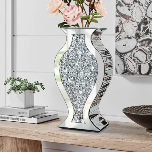 Miniatura 4 de ALLARTONLY Jarrón de Espejo con Diamante Triturado de Cristal Plateado Impresionante Florero Decorativo de Lujo para Decoración del Hogar. No Puede