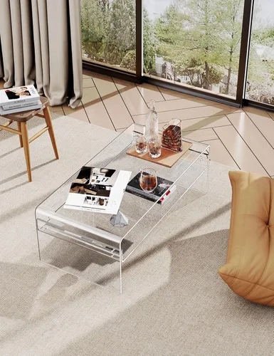 Miniatura 4 de Mesa de café acrílica para sala de estar con estante de almacenamiento abierto, mesa rectangular transparente de Lucite (1, Transparente, Normal)