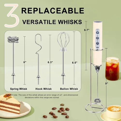Miniatura 4 de YUSWKO Varita espumadora de leche de mano beige con soporte para café, batidor eléctrico recargable con 3 cabezales, 3 velocidades, mezclador de Oro