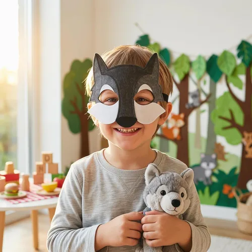 Miniatura 7 de Toyvian 3 máscaras de lobo de fieltro de animales de media cara máscara de disfraz decoración de disfraces regalos de fiesta para niños que usan gris