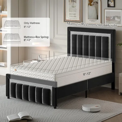Miniatura 4 de HOMBCK Marcos de Cama Individual, Marco de Cama Tamaño Individual con Cabecera y Pie de Cama de Diseño de Terciopelo Diamante, Marco de Cama