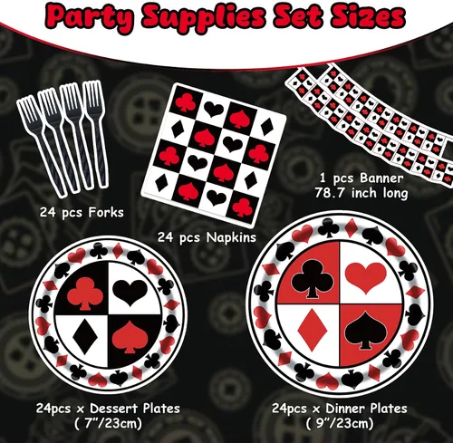Miniatura 2 de Kit de suministros de fiesta de casino para 24 invitados, 97 piezas, incluyendo platos, tenedores, servilletas, banderines, ideal para noches