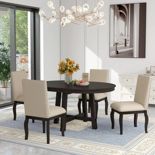 Miniatura 22 de Farmhouse - Juego de mesa de comedor de 5 piezas, mesa de comedor redonda extensible con 4 cómodas sillas tapizadas, juego de muebles funcionales