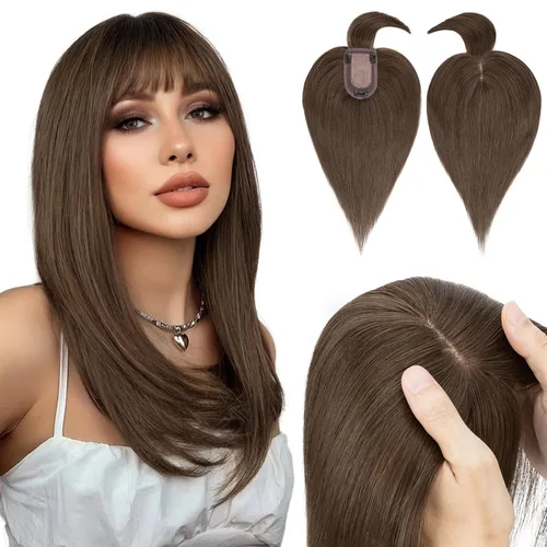 Hairro Toppers de cabello humano con flequillo, cubierta 3D de 360° con base de 2.8 x 5.1 pulgadas, clips en extensiones 100% reales para mujeres,