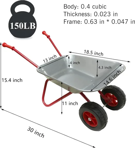 Miniatura 5 de 3T GROUP Juego de carretilla para niños, carretilla de metal para niños, barril de rueda para todas las estaciones, arena y suciedad, pala de nieve
