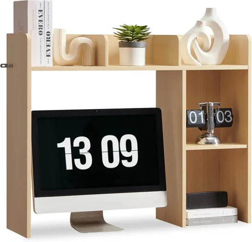 Miniatura 12 de Nromant Estantería de escritorio, gabinete de almacenamiento de escritorio de madera con 5 estantes, organizador de escritorio de 3 niveles