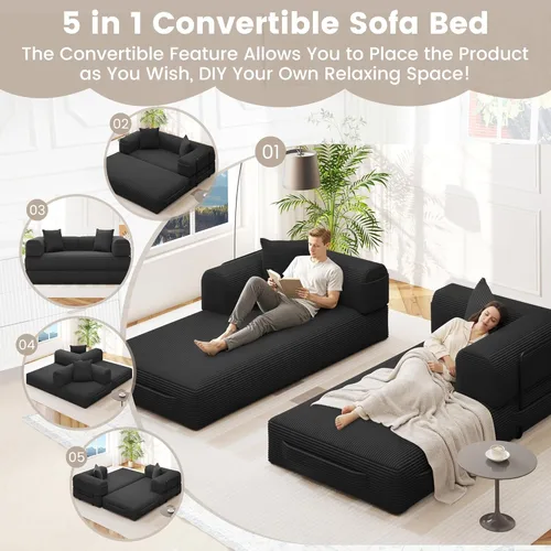 Miniatura 6 de Sofá cama convertible de 80 pulgadas, sofá cama modular 5 en 1 sin hueso con marco fijo y almohada de respaldo extraíble, sofá futón de pana lavable