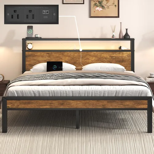 Miniatura 13 de E-Motie Base de cama de tamaño matrimonial con luces LED y estación de carga, cabecera de almacenamiento de madera con estantes de 2 niveles