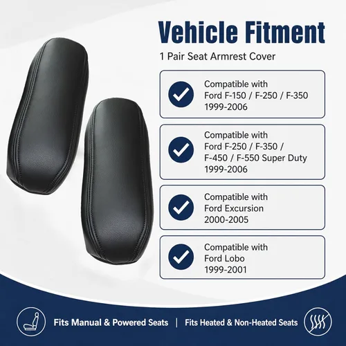 Miniatura 6 de NLQR 2 piezas fundas de repuesto para reposabrazos de asiento de cuero negro compatibles con Ford F150 F250 F350 F450 F550 Excursion 1999 2000 2001