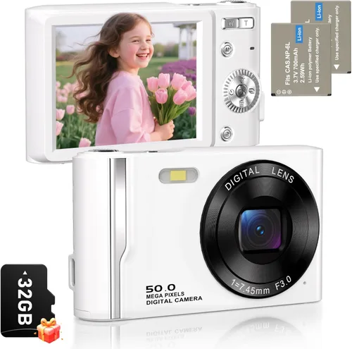 Cámara digital 4K de 50 MP para fotografía, cámara de enfoque automático para vlogging con tarjeta TF de 32 GB y 2 baterías, zoom 16X cámara