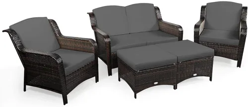 COSTWAY Juego de muebles de mimbre de mimbre para patio, sofá biplaza con otomanas y sillas acolchadas, juegos de conversación para jardín al aire