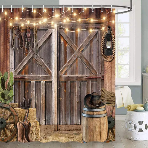 Miniatura 24 de Cortina de ducha de puerta de granero de madera rústica, 60 x 70 pulgadas, beige