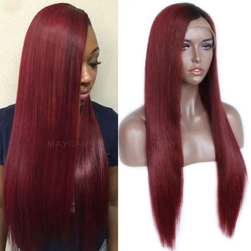Miniatura 9 de Maycaur Pelucas de cabello humano de encaje frontal de color burdeos de densidad 130 con cabello natural de bebé