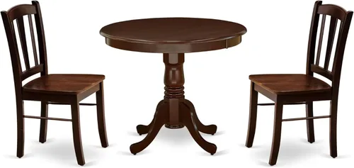 East West Furniture ANDL3-MAH-W Juego de mesa y sillas de cocina de 3 piezas contiene una mesa de comedor redonda con pedestal y 2 sillas de
