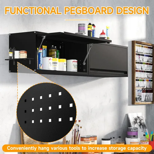 Miniatura 4 de Armario de pared de garaje de metal con puertas laterales con agujeros, armario de almacenamiento de metal montado en la pared con puerta abatible