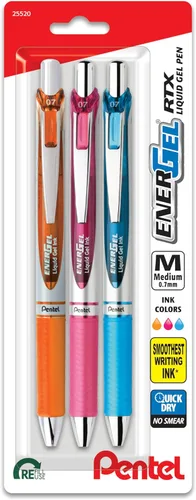 Miniatura 7 de Pentel EnerGel RTX Bolígrafos de tinta de gel, punta de metal de 0.7mm, tinta color negro / rojo / azul, paquete de 3 (BL77BP3M), surtido
