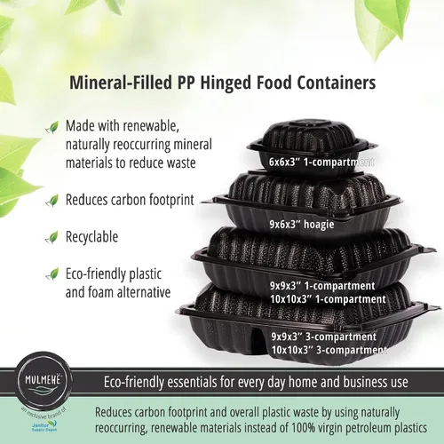 Miniatura 3 de MULMEHË Recipientes de comida para llevar con bisagras de plástico de polipropileno relleno mineral ecológico, 6 x 6 x 3, compartimento único