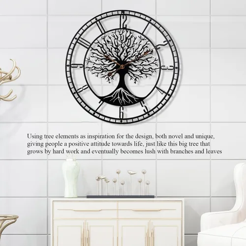 Miniatura 4 de Dankeit Reloj de pared con diseño de árbol de la vida, de metal negro de 24 pulgadas, reloj de pared de gran tamaño para sala de estar, dormitorio