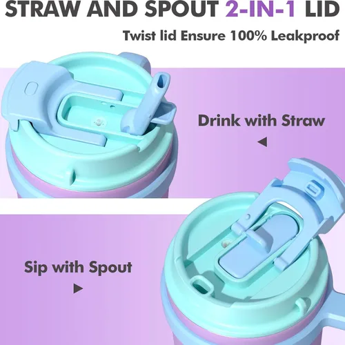 Miniatura 4 de Fimibuke Taza térmica para niños con asa y pajita - 16 oz Vaso a prueba de fugas para niños pequeños con tapa 2-en-1 de sorbo/trago, sin BPA
