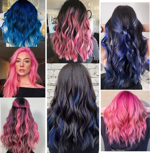 Miniatura 7 de 16 extensiones de cabello de color azul y rosa, lacio, sintético, con reflejos, para fiestas, fiestas, 21 pulgadas, extensiones coloridas
