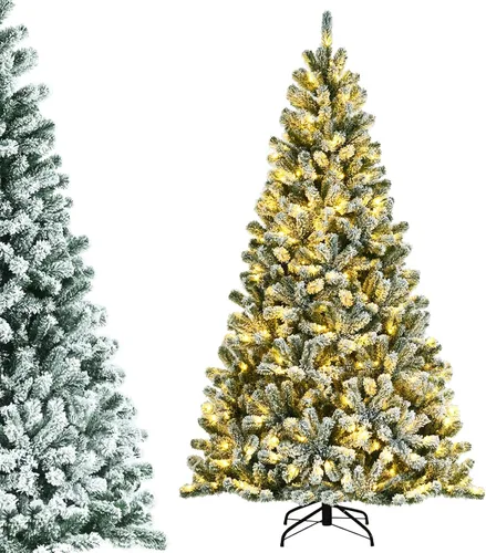 Miniatura 8 de DORTALA Árbol de Navidad flocado preiluminado de 6 pies, árbol de Navidad artificial con bisagras con 500 luces LED blancas frías, control remoto, 3