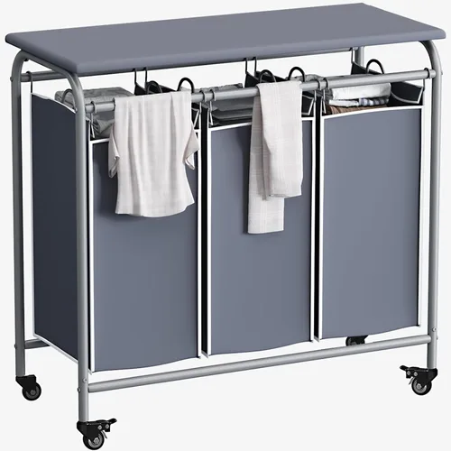 Miniatura 15 de LINZINAR Clasificador de ropa sucia de 3 bolsas, carrito cesto de ropa sucia con ruedas rodantes resistentes y con bloqueo y bolsas removibles