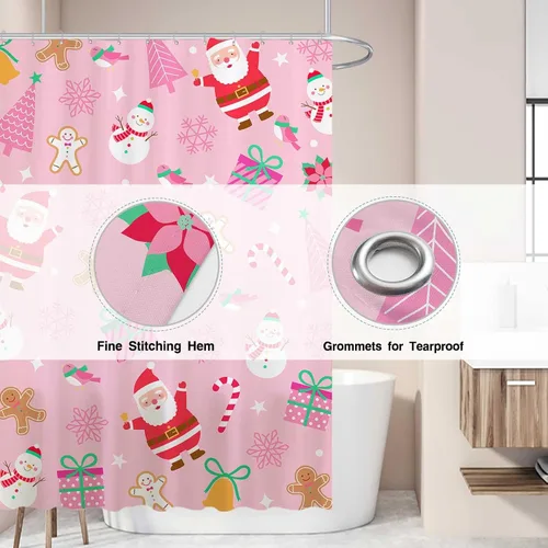 Miniatura 3 de Allenjoy Cortina de ducha de Navidad rosa de 72 x 72 pulgadas para niña, juego de baño de Feliz Navidad, invierno, Papá Noel, muñeco de nieve