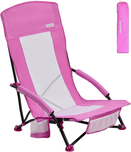 Miniatura 11 de SUNNYFEEL Silla de playa baja – Sillas de playa plegables con respaldo alto para adultos con portavasos y bolsillo lateral, mochila ligera silla