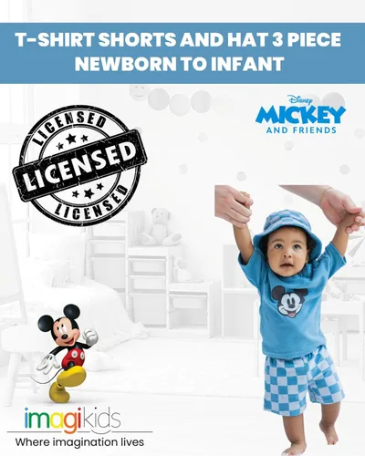 Miniatura 4 de Disney Baby - Camiseta de tela de rizo Loop, pantalones cortos y sombrero de cubo para el sol, conjunto de 3 piezas, tallas de recién nacido a bebé