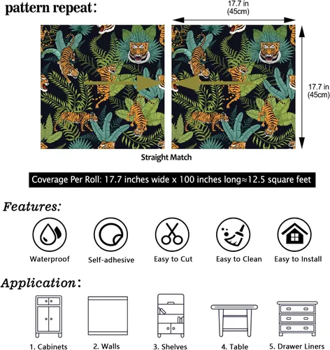 Miniatura 8 de CHIHUT Papel tapiz de tigre tropical de selva para despegar y pegar, papel tapiz de animales safari, papel de contacto con hojas de palma, papel