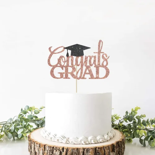 Miniatura 5 de Decoración de pastel de felicitaciones de oro rosa con purpurina – Decoraciones de graduación 2026 – Graduación de escuela secundaria, decoración
