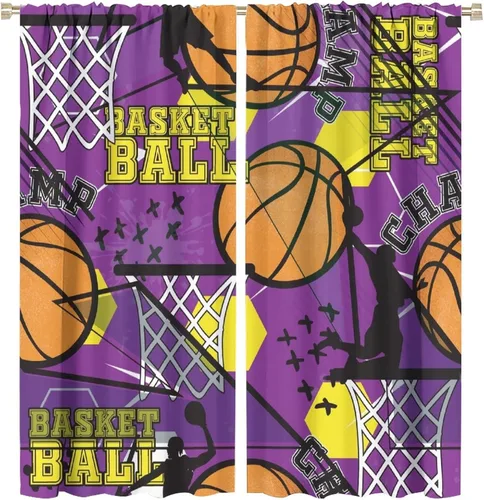 Miniatura 32 de Cortinas deportivas de baloncesto para niños, patrón de llama de bola 3D naranja, 42 pulgadas de ancho x 45 pulgadas de largo
