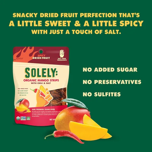 Miniatura 4 de SOLELY Tiras de mango seco orgánico con chile y sal, 2.8 onzas Tres ingredientes Vegano Sin OMG Sin azúcar añadido