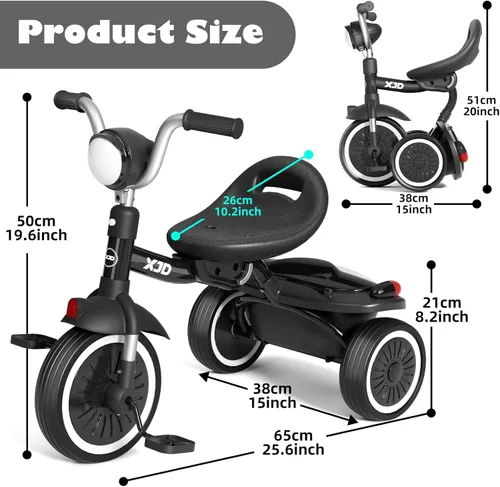 Miniatura 4 de XJD Triciclo para niños pequeños, bicicleta plegable con pedales, triciclo para niños de 2 a 5 años, asiento cómodo ajustable, regalos de Navidad