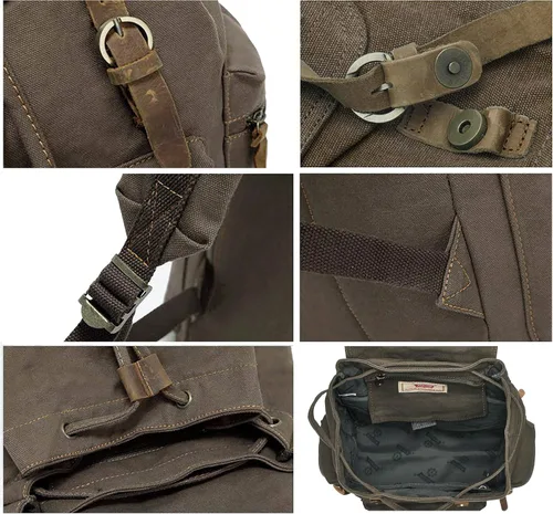 Miniatura 4 de HuaChen Mochila de viaje de lona vintage con ribete de cuero, funda acolchada para laptop, bolsillo de seguridad trasero oculto, se adapta a 14