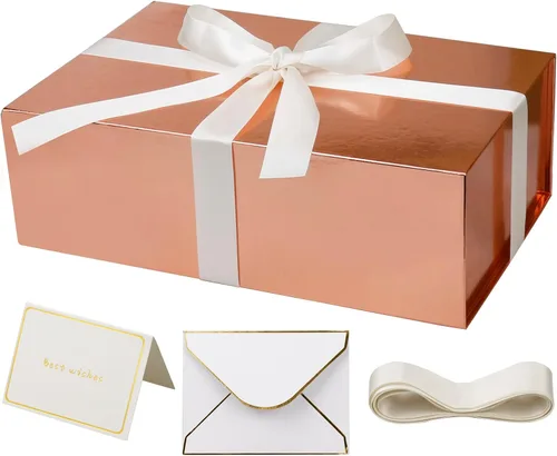 Miniatura 11 de YINUOYOUJIA Cajas de regalo rosadas con tapa, 14"x9"x4.5" Caja de regalo magnética con cinta, tarjetas y sobres para regalos, ideal para bodas