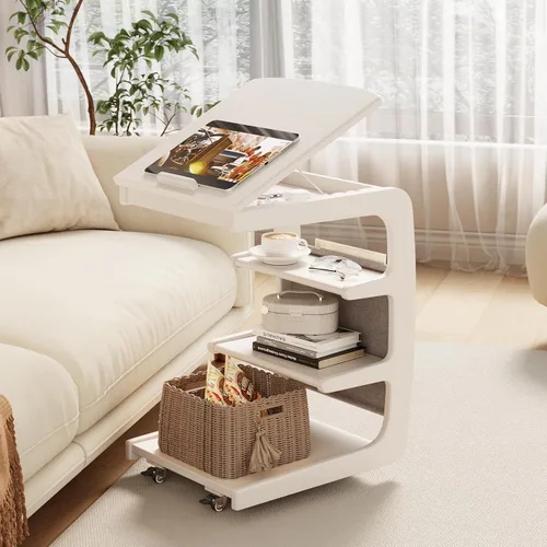 Miniatura 11 de AQIMUELE Mesa auxiliar de madera en forma de C, escritorio de sofá con 2 ruedas con cerradura, mesa de sofá de 4 niveles con bolsa de Natural