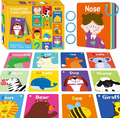 Miniatura 24 de 51 PIEZAS Tarjetas cognitivas en español para bebés, impresas a doble cara, 7 en 1 tarjetas coloridas, alfabeto, números, alimentos, animales