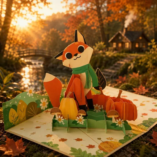 Miniatura 2 de ETA Autumn Fox - Tarjeta de felicitación 3D emergente - Tarjeta temática de otoño con calabazas y hojas - Bonita tarjeta desplegable de animales